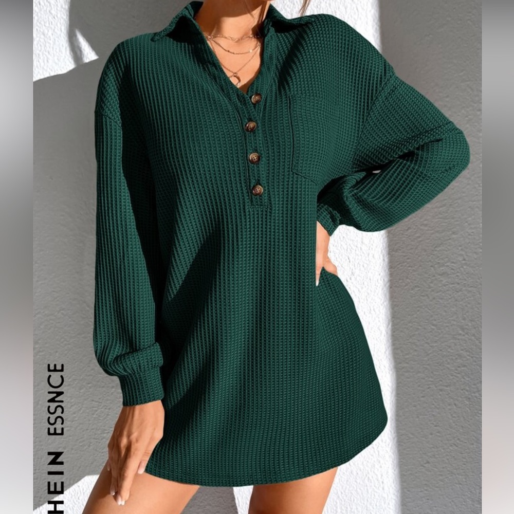 SHEIN Essnce Waffle Knit Patched Pocket Drop Shoulder Dress in Hunter Green XS